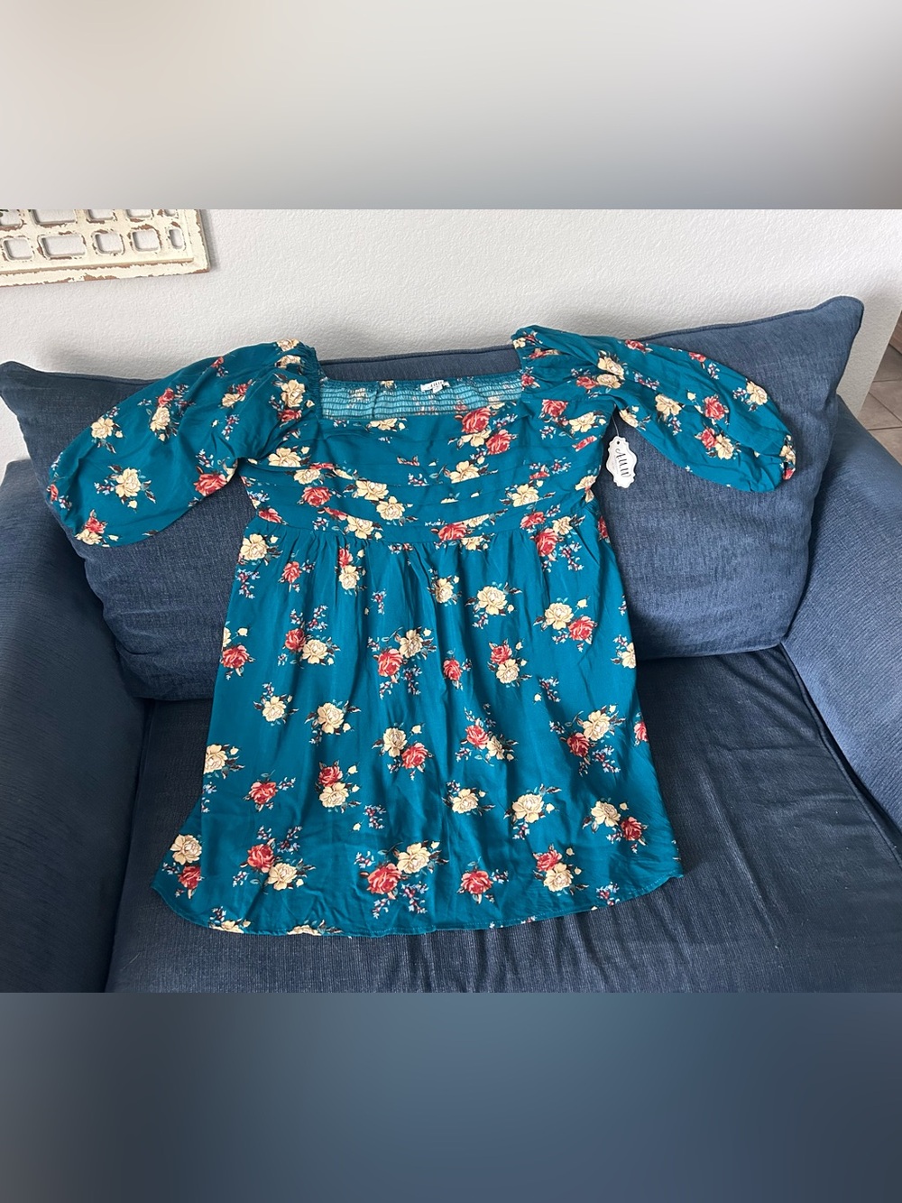 Floral Teal Puff-Sleeve Women’s Dress